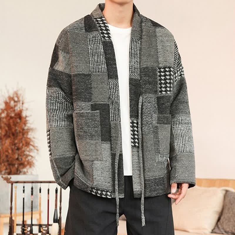 Buddha Stones Kimono da uomo casual vintage con coulisse, motivo a quadri e patchwork, con tasche, ideale per autunno/inverno. - image 10