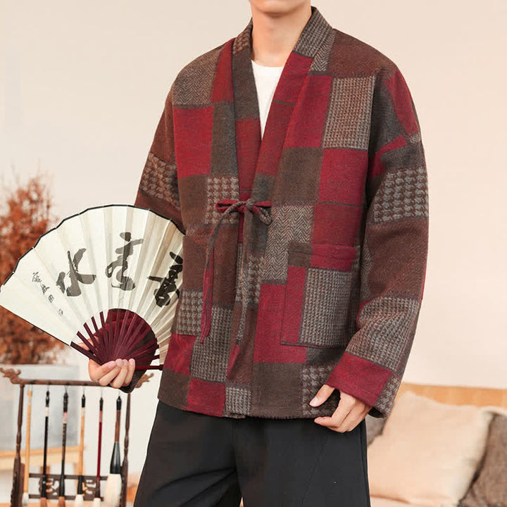 Buddha Stones Kimono da uomo casual vintage con coulisse, motivo a quadri e patchwork, con tasche, ideale per autunno/inverno. - image 21
