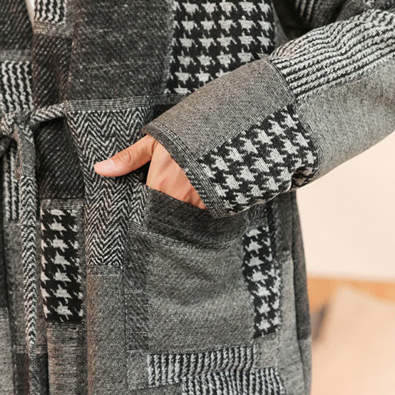 Buddha Stones Kimono da uomo casual vintage con coulisse, motivo a quadri e patchwork, con tasche, ideale per autunno/inverno. - image 18