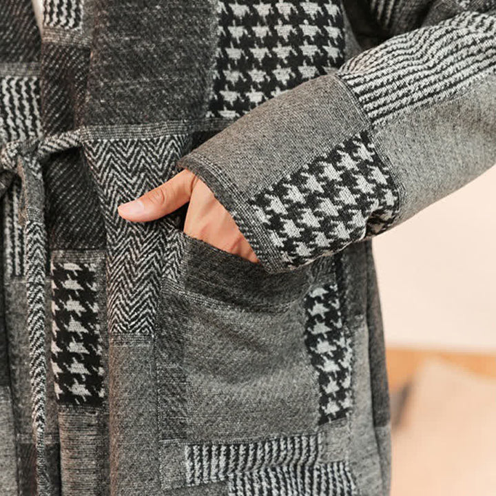 Buddha Stones Kimono da uomo casual vintage con coulisse, motivo a quadri e patchwork, con tasche, ideale per autunno/inverno. - image 18