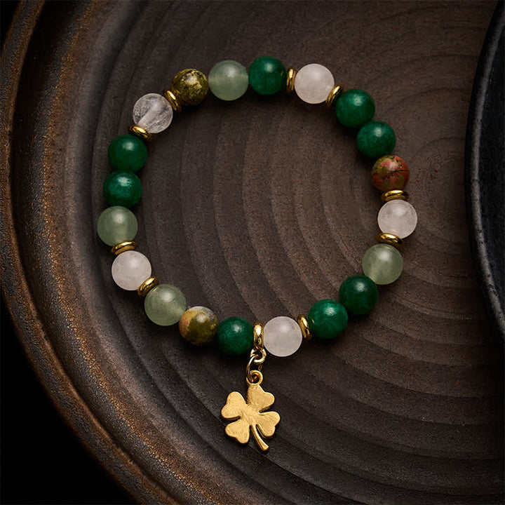 Buddha Stones Bracciale rotondo con perline portafortuna a quadrifoglio in avventurina verde. - image 1