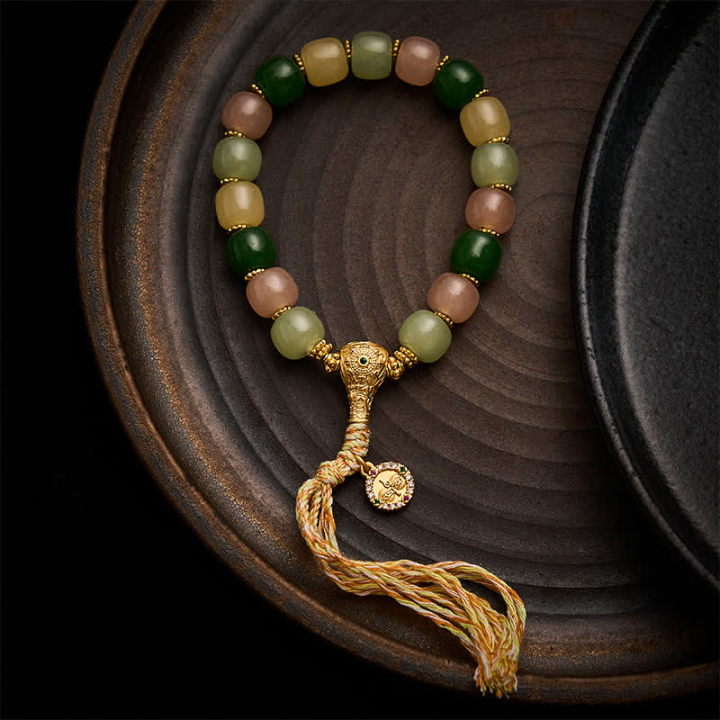 Buddha Stones Bracciale Harmony con perle rettangolari arrotondate in giada ciano e quarzite. - Nappa multicolore da 9 × 10 mm - image 0