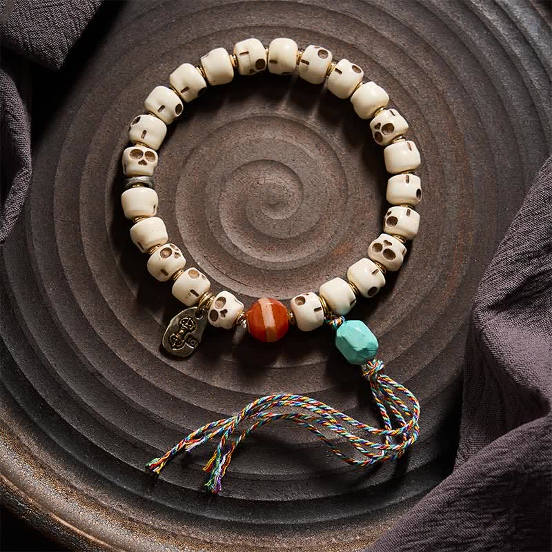 Buddha Stones Braccialetto di radicamento con perline d'osso tibetane, motivo "Signore dei cadaveri, teschio della foresta". - image 1