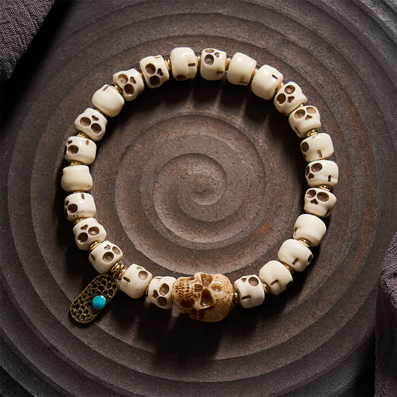 Buddha Stones Bracciale tibetano con perline d'osso intagliate a mano, motivo teschio della foresta "Signore dei cadaveri", forza e cambiamento. - image 1