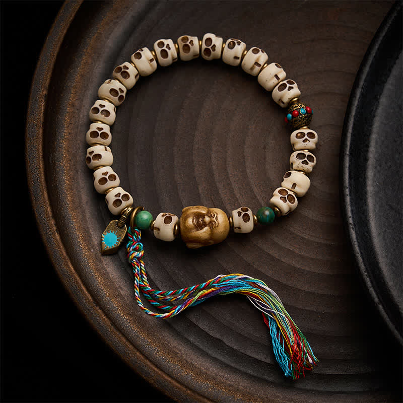 Buddha Stones Bracciale con perline d'osso tibetane, motivo teschio della foresta, Signore dei cadaveri, forza e cambiamento - 9 × 6,3 mm - image 0