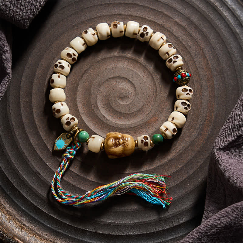 Buddha Stones Bracciale con perline d'osso tibetane, motivo teschio della foresta, Signore dei cadaveri, forza e cambiamento - image 1