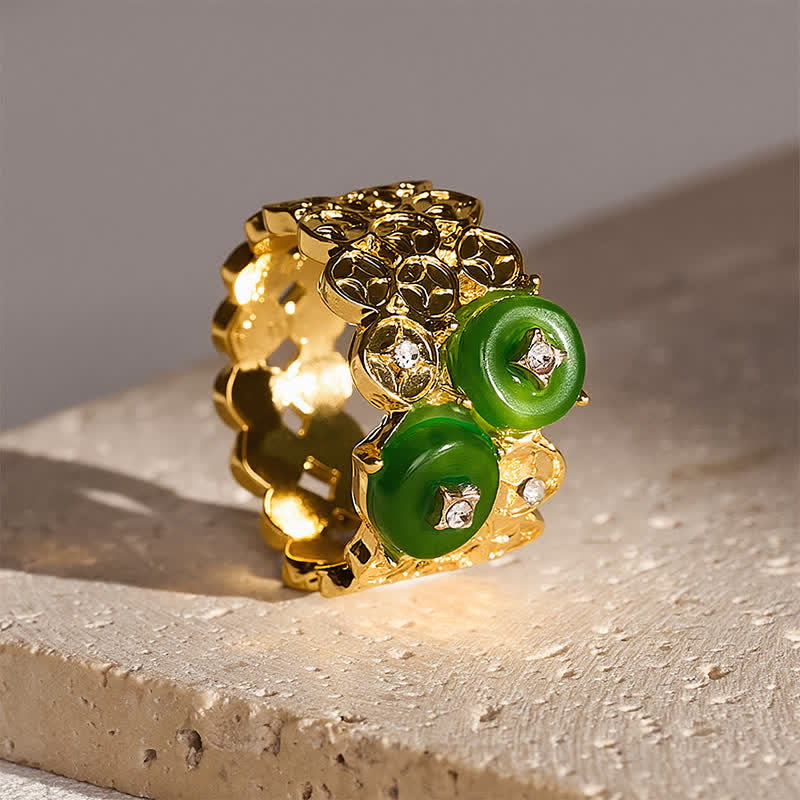 Buddha Stones Anello vintage in lega con fibbia di sicurezza Green Peace e moneta decorativa. - image 1
