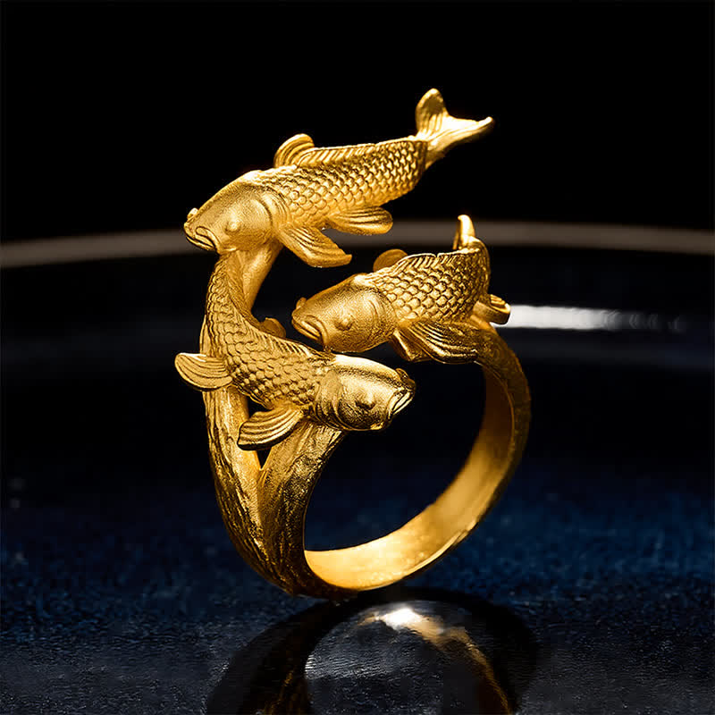 Buddha Stones Anello aperto Retro Alloy con tre pesci koi. - Tre carpe koi (US7) - image 0