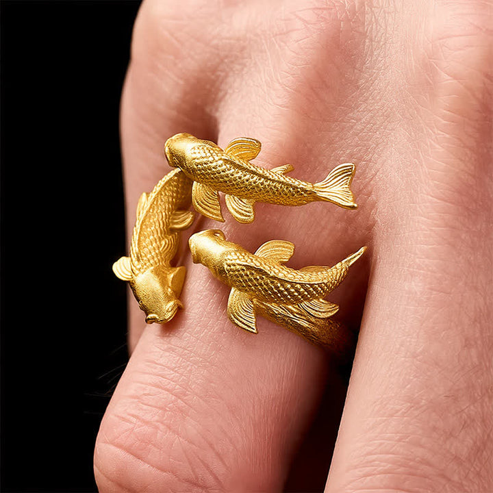Buddha Stones Anello aperto Retro Alloy con tre pesci koi. - image 3