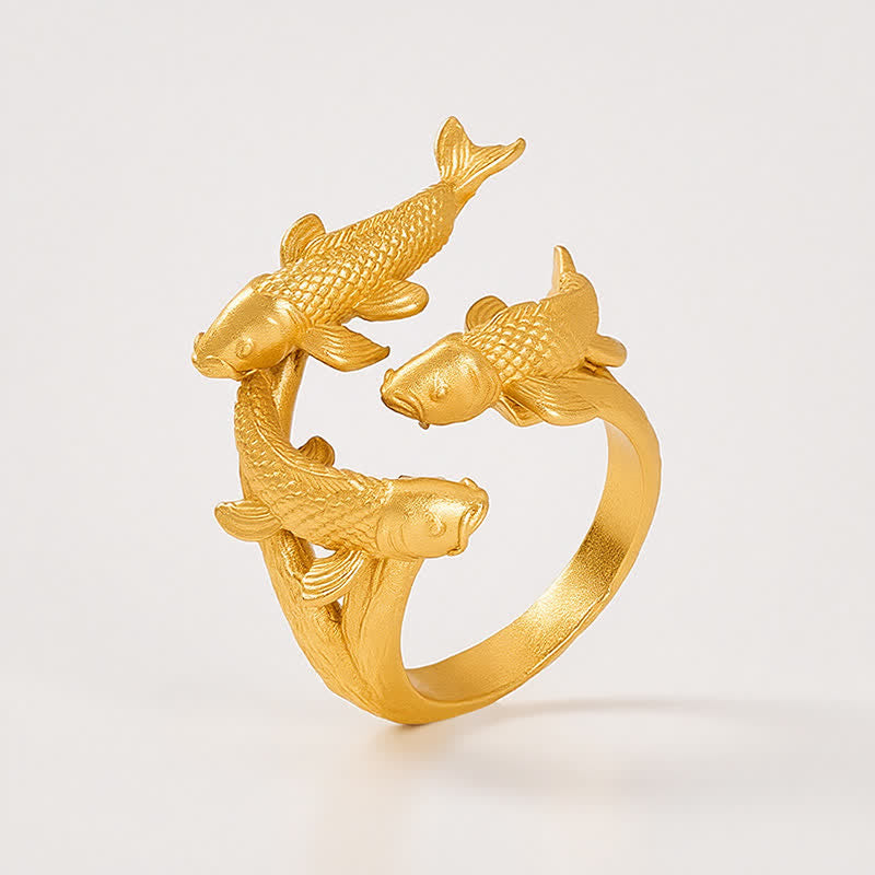 Buddha Stones Anello aperto Retro Alloy con tre pesci koi. - image 4
