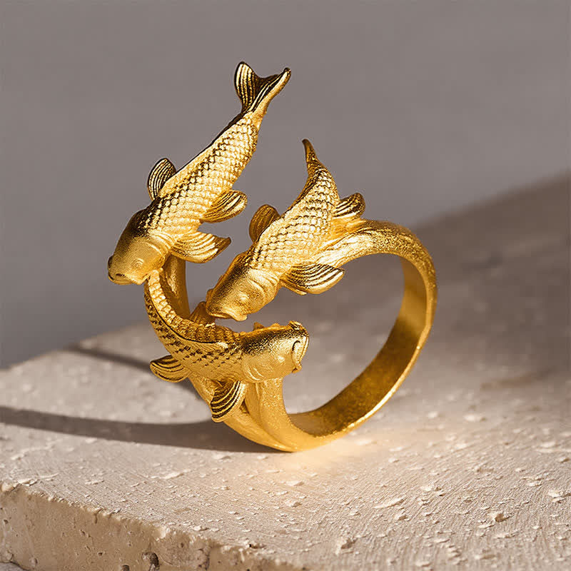 Buddha Stones Anello aperto Retro Alloy con tre pesci koi. - image 2