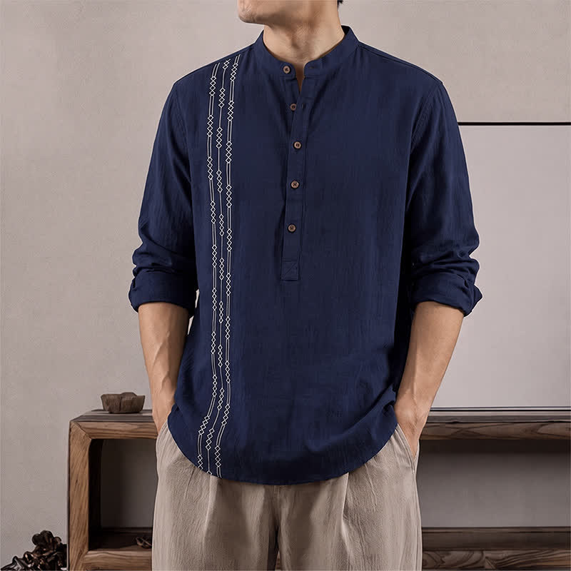 Buddha Stones Camicia da uomo a maniche lunghe in cotone, stile Tang, casual, primavera/estate, con motivo geometrico. - Blu notte - US/UK/AU40, EU50 (2XL) - image 0