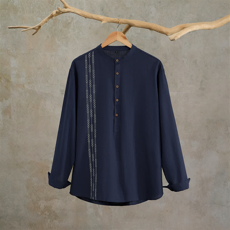 Buddha Stones Camicia da uomo a maniche lunghe in cotone, stile Tang, casual, primavera/estate, con motivo geometrico. - image 1