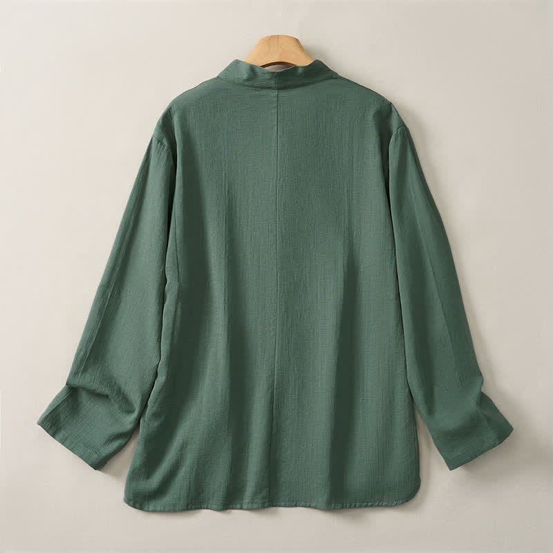 Camicia da donna a maniche lunghe in cotone tinta unita, stile Tang, con colletto alla coreana e stampa Buddha Stones, ideale per primavera e autunno. - image 1