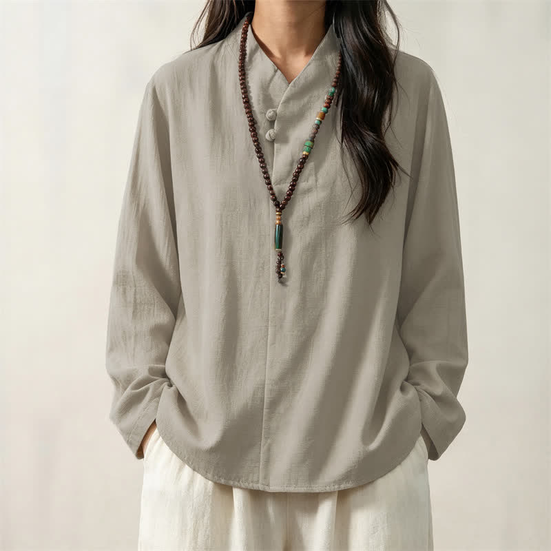 Camicia da donna a maniche lunghe in cotone tinta unita, stile Tang, con colletto alla coreana e stampa Buddha Stones, ideale per primavera e autunno. - image 11