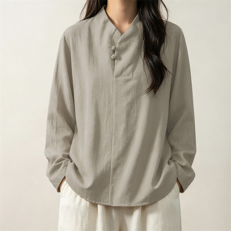 Camicia da donna a maniche lunghe in cotone tinta unita, stile Tang, con colletto alla coreana e stampa Buddha Stones, ideale per primavera e autunno. - image 10