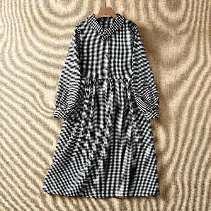 Buddha Stones Abito da donna autunnale vintage a maniche lunghe con bottoni, a quadretti bianchi e neri e tasche. - Grigio - US12, UK/AU16, EU44 (2XL) - image 0