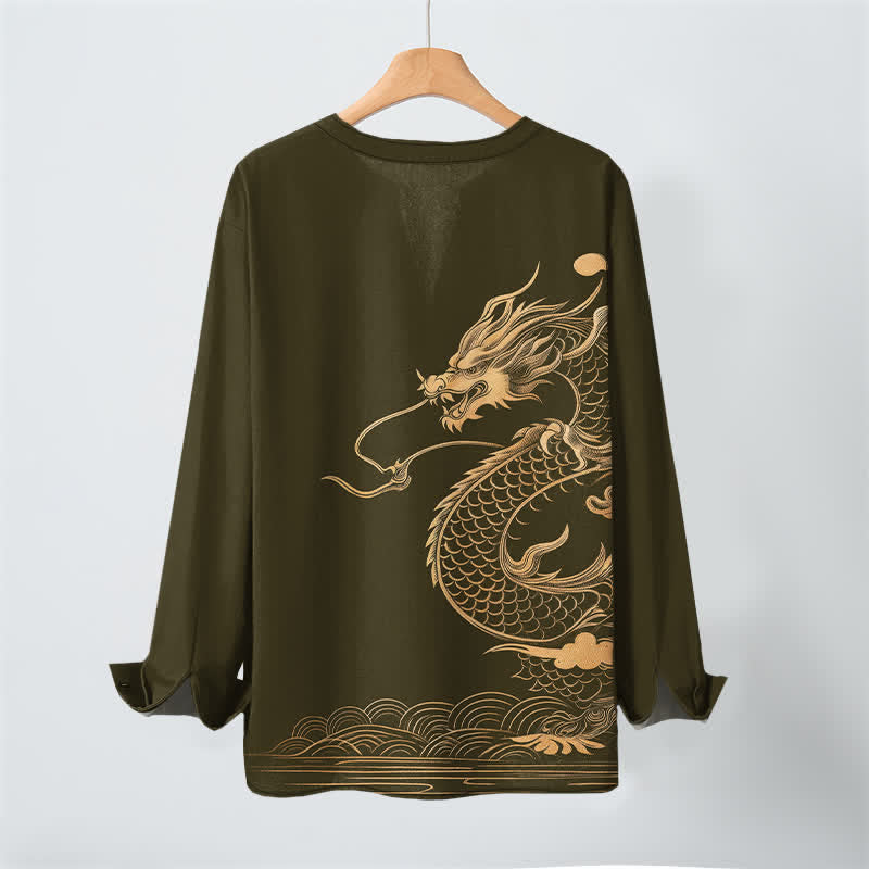 Buddha Stones Camicia da uomo a maniche lunghe con scollo a V e bottoni, in cotone con motivo a onde di drago dorato. - image 3