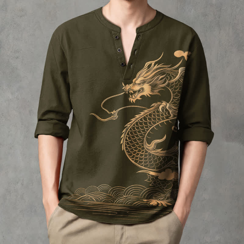 Buddha Stones Camicia da uomo a maniche lunghe con scollo a V e bottoni, in cotone con motivo a onde di drago dorato. - image 1