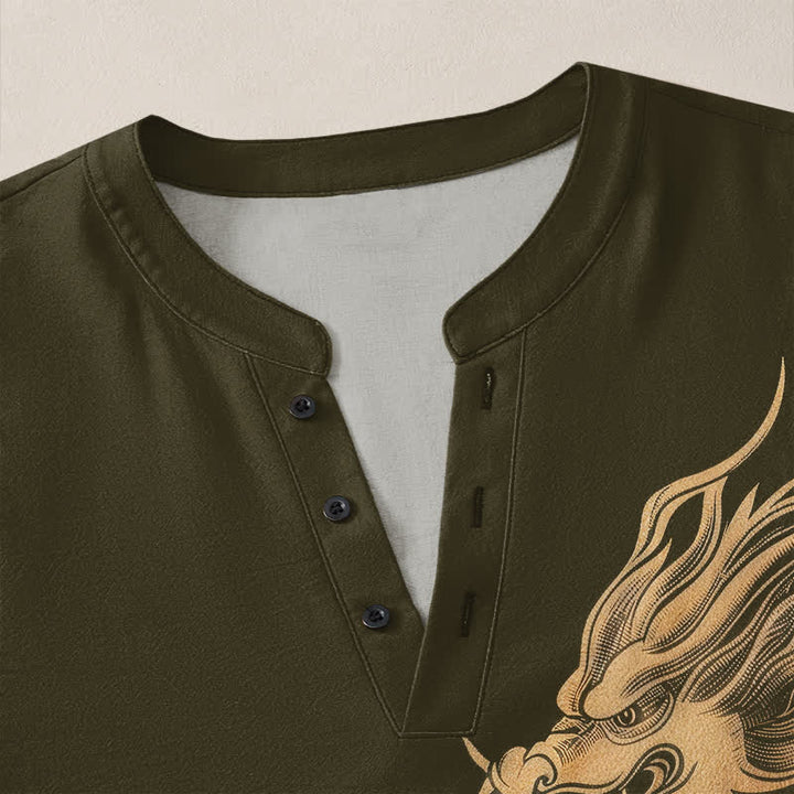 Buddha Stones Camicia da uomo a maniche lunghe con scollo a V e bottoni, in cotone con motivo a onde di drago dorato. - image 4