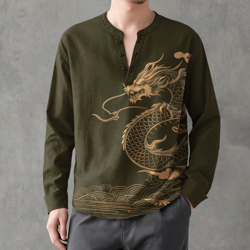 Buddha Stones Camicia da uomo a maniche lunghe con scollo a V e bottoni, in cotone con motivo a onde di drago dorato. - Verde oliva scuro - US/UK/AU48, EU58 (4XL) - image 0