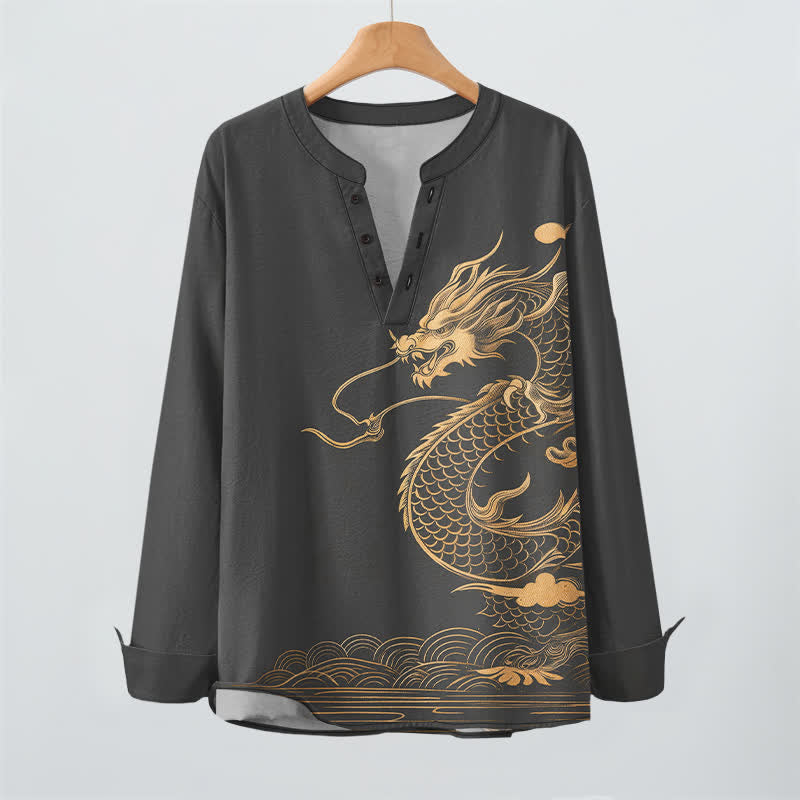 Buddha Stones Camicia da uomo a maniche lunghe con scollo a V e bottoni, in cotone con motivo a onde di drago dorato. - image 9