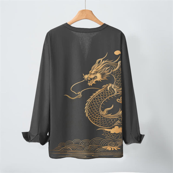 Buddha Stones Camicia da uomo a maniche lunghe con scollo a V e bottoni, in cotone con motivo a onde di drago dorato. - image 10