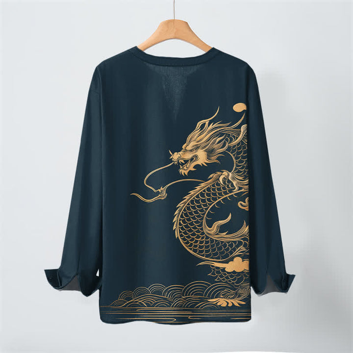 Buddha Stones Camicia da uomo a maniche lunghe con scollo a V e bottoni, in cotone con motivo a onde di drago dorato. - image 17