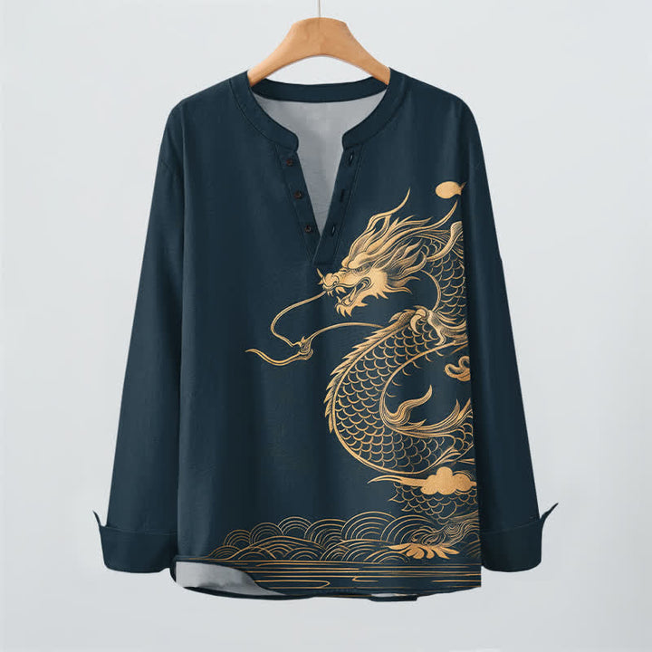 Buddha Stones Camicia da uomo a maniche lunghe con scollo a V e bottoni, in cotone con motivo a onde di drago dorato. - image 16