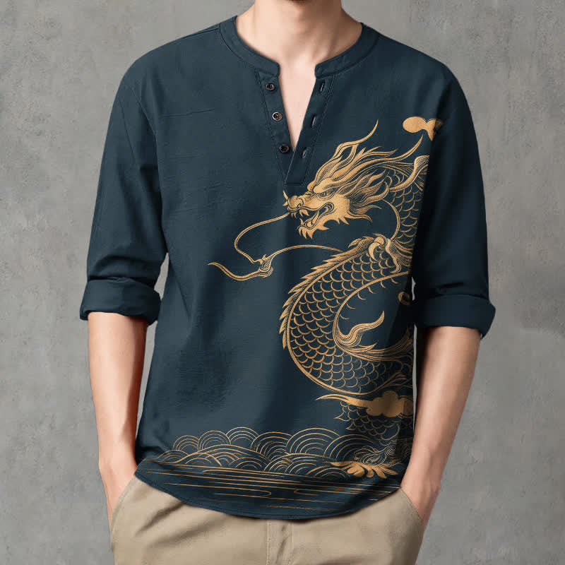 Buddha Stones Camicia da uomo a maniche lunghe con scollo a V e bottoni, in cotone con motivo a onde di drago dorato. - image 15