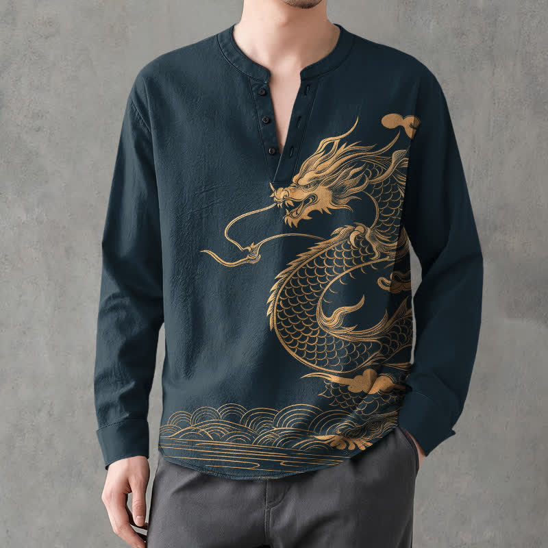 Buddha Stones Camicia da uomo a maniche lunghe con scollo a V e bottoni, in cotone con motivo a onde di drago dorato. - Marina - US/UK/AU48, EU58 (4XL) - image 14