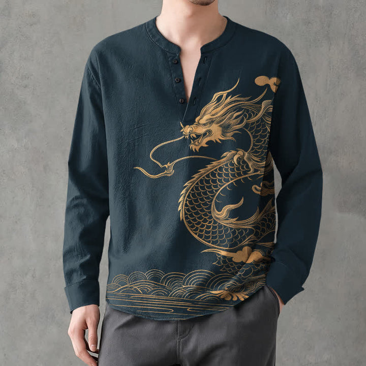 Buddha Stones Camicia da uomo a maniche lunghe con scollo a V e bottoni, in cotone con motivo a onde di drago dorato. - Marina - US/UK/AU48, EU58 (4XL) - image 14