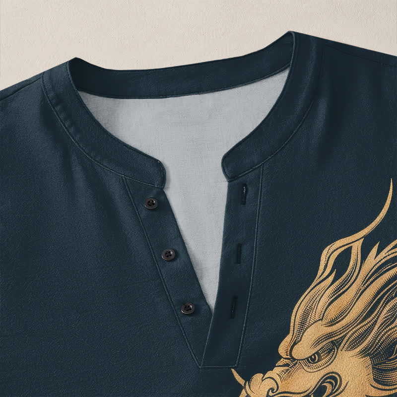 Buddha Stones Camicia da uomo a maniche lunghe con scollo a V e bottoni, in cotone con motivo a onde di drago dorato. - image 18