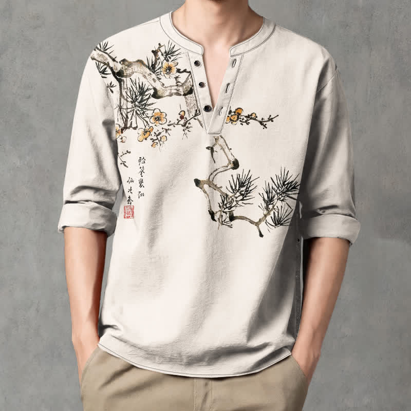 Buddha Stones Camicia da uomo a maniche lunghe con scollo a V e bottoni, stampa floreale giallo pino, in cotone. - Biancheria - US/UK/AU48, EU58 (4XL) - image 0