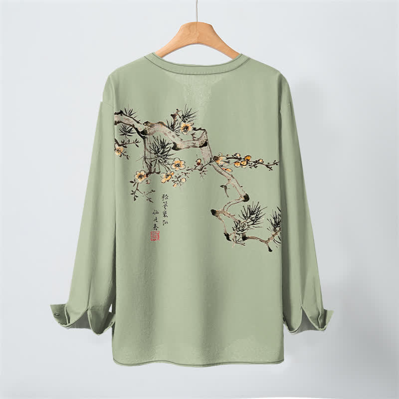Buddha Stones Camicia da uomo a maniche lunghe con scollo a V e bottoni, stampa floreale giallo pino, in cotone. - image 10