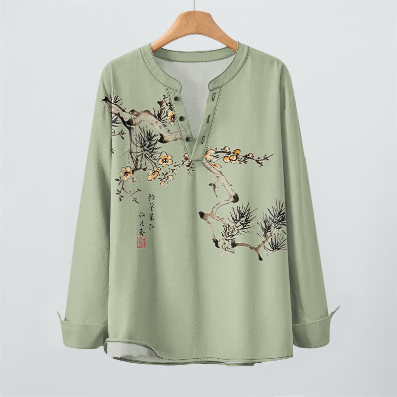 Buddha Stones Camicia da uomo a maniche lunghe con scollo a V e bottoni, stampa floreale giallo pino, in cotone. - image 9