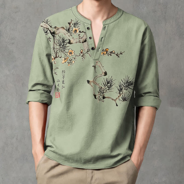 Buddha Stones Camicia da uomo a maniche lunghe con scollo a V e bottoni, stampa floreale giallo pino, in cotone. - Verde Mare Scuro - US/UK/AU48, EU58 (4XL) - image 7