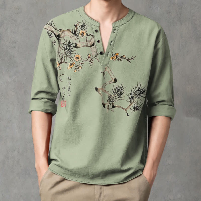 Buddha Stones Camicia da uomo a maniche lunghe con scollo a V e bottoni, stampa floreale giallo pino, in cotone. - Verde Mare Scuro - US/UK/AU48, EU58 (4XL) - image 7