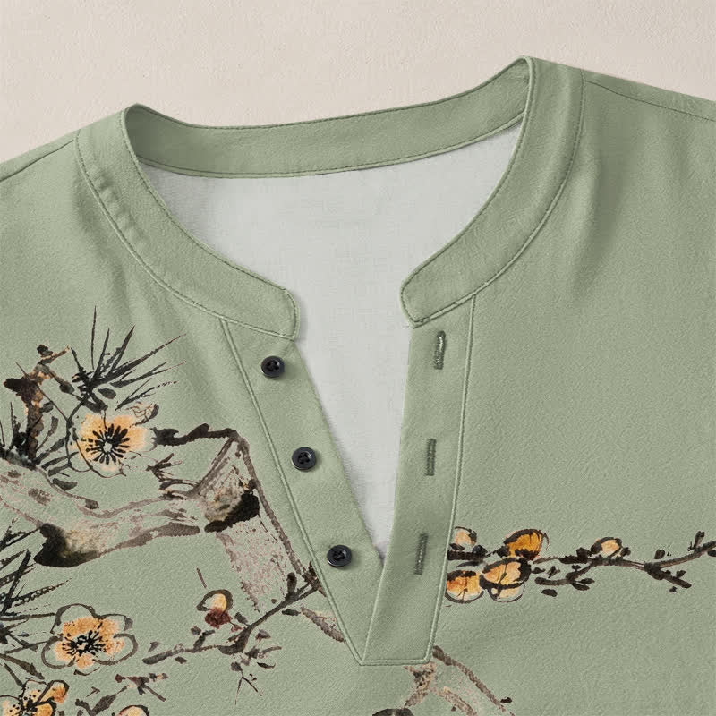 Buddha Stones Camicia da uomo a maniche lunghe con scollo a V e bottoni, stampa floreale giallo pino, in cotone. - image 11