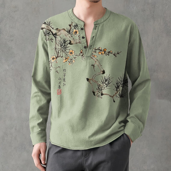 Buddha Stones Camicia da uomo a maniche lunghe con scollo a V e bottoni, stampa floreale giallo pino, in cotone. - image 8