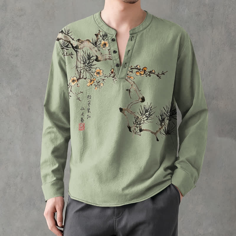 Buddha Stones Camicia da uomo a maniche lunghe con scollo a V e bottoni, stampa floreale giallo pino, in cotone. - image 8
