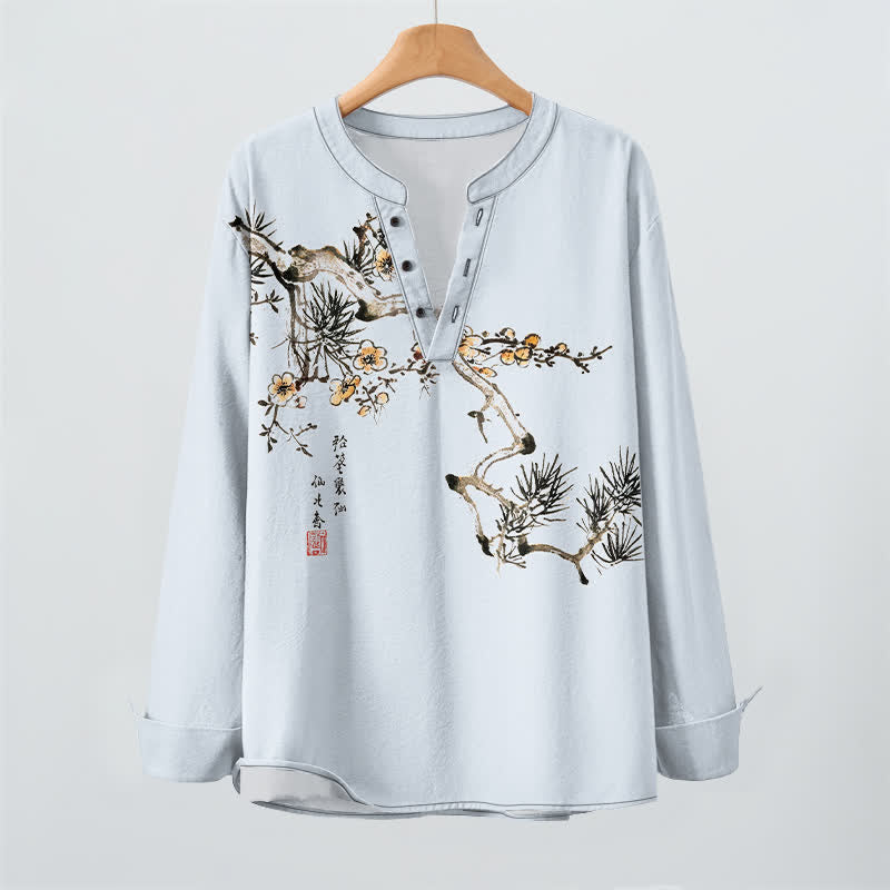 Buddha Stones Camicia da uomo a maniche lunghe con scollo a V e bottoni, stampa floreale giallo pino, in cotone. - image 16