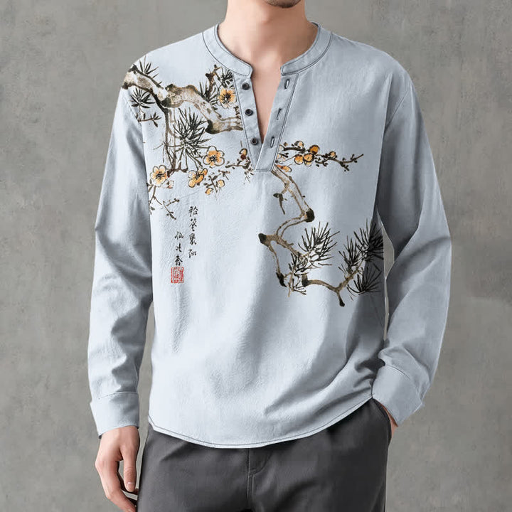 Buddha Stones Camicia da uomo a maniche lunghe con scollo a V e bottoni, stampa floreale giallo pino, in cotone. - image 15