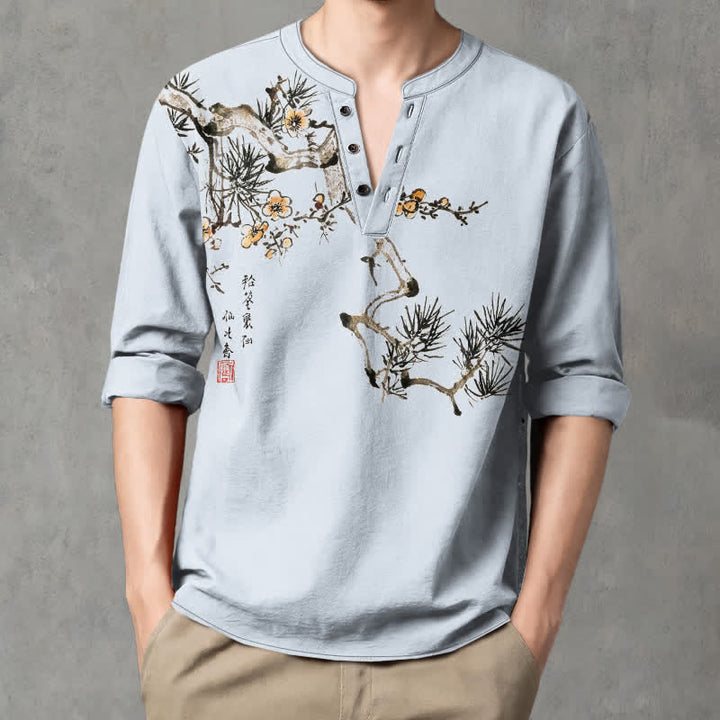 Buddha Stones Camicia da uomo a maniche lunghe con scollo a V e bottoni, stampa floreale giallo pino, in cotone. - Azzurro chiaro - US/UK/AU48, EU58 (4XL) - image 14