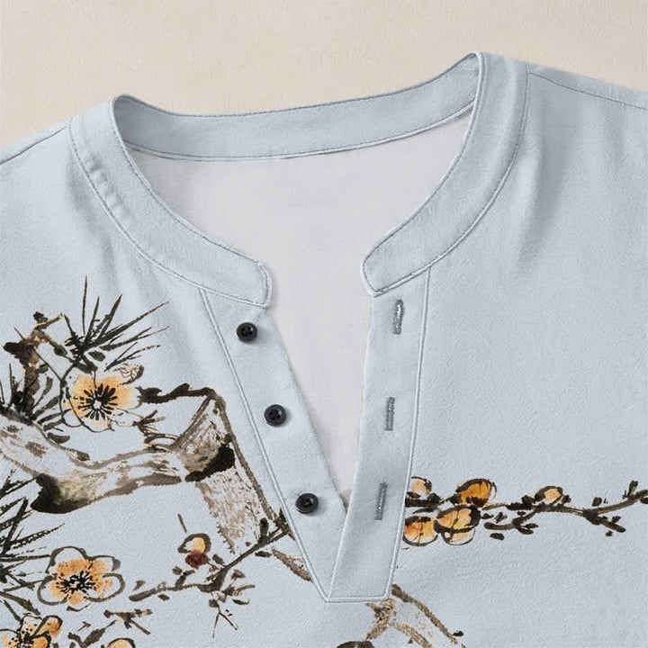 Buddha Stones Camicia da uomo a maniche lunghe con scollo a V e bottoni, stampa floreale giallo pino, in cotone. - image 18