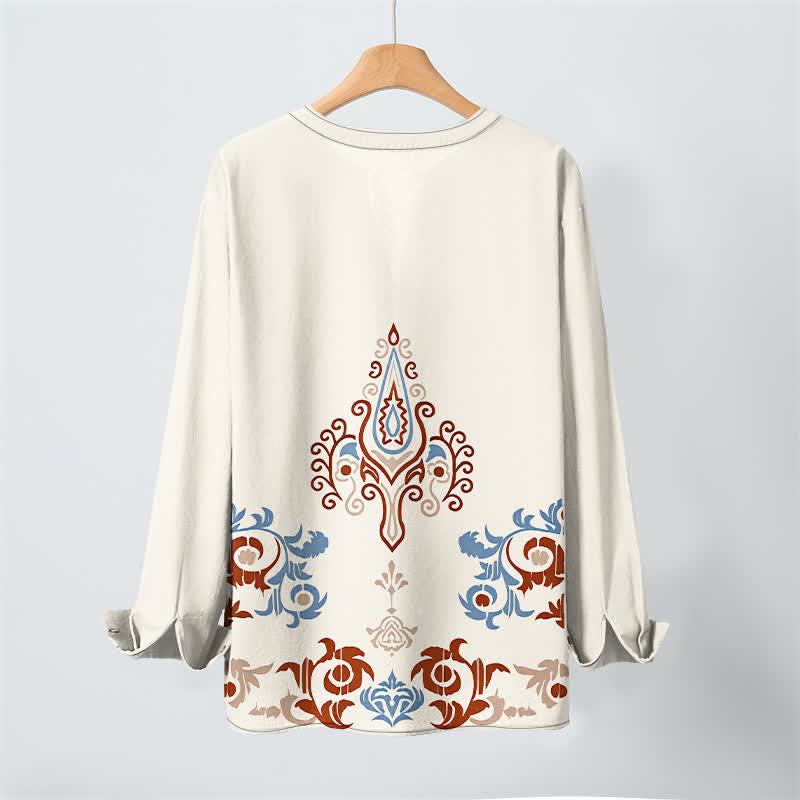 Buddha Stones Camicia da uomo a maniche lunghe con scollo a V e bottoni, in cotone, con motivo geometrico tribale multicolore. - image 3