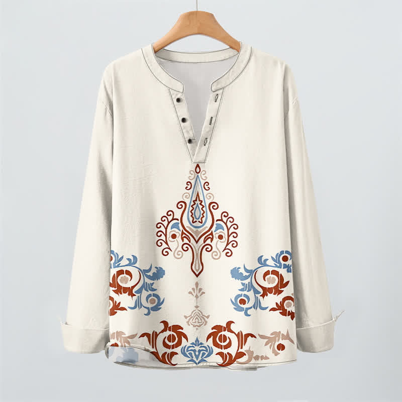 Buddha Stones Camicia da uomo a maniche lunghe con scollo a V e bottoni, in cotone, con motivo geometrico tribale multicolore. - image 2