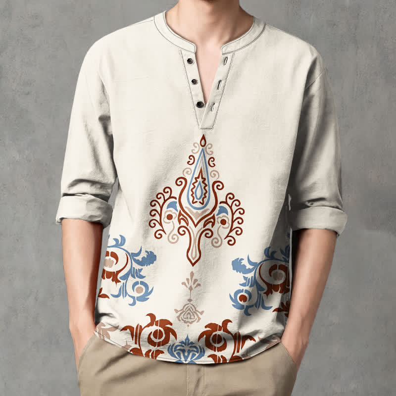Buddha Stones Camicia da uomo a maniche lunghe con scollo a V e bottoni, in cotone, con motivo geometrico tribale multicolore. - image 1