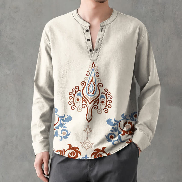Buddha Stones Camicia da uomo a maniche lunghe con scollo a V e bottoni, in cotone, con motivo geometrico tribale multicolore. - Biancheria - US/UK/AU48, EU58 (4XL) - image 0