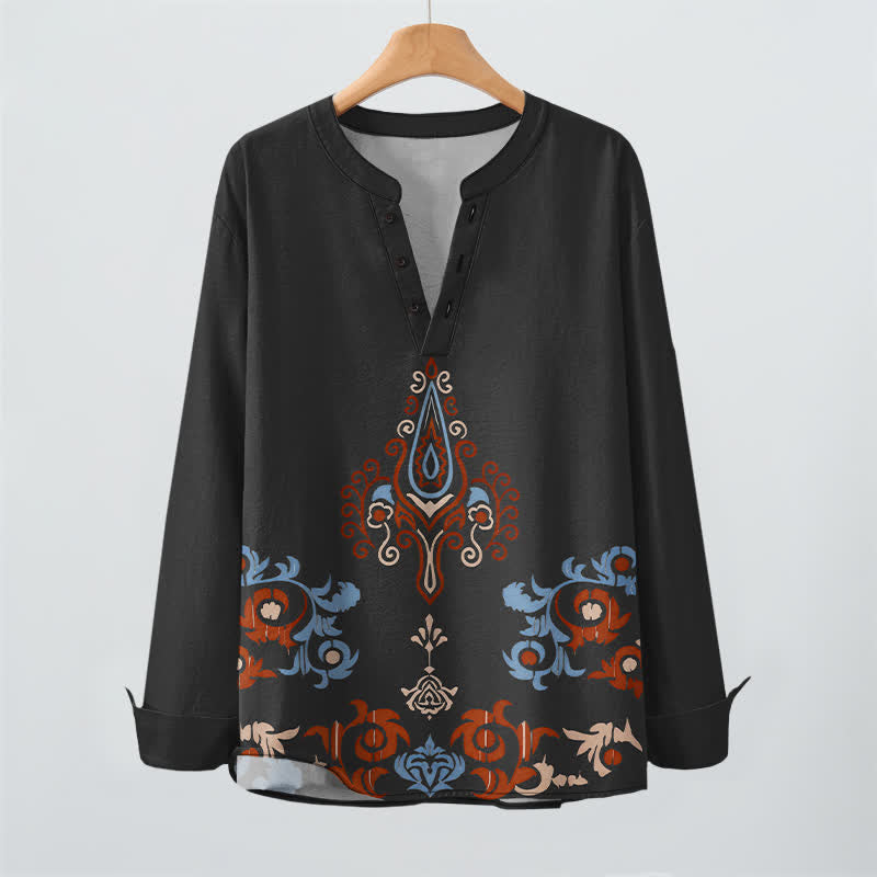 Buddha Stones Camicia da uomo a maniche lunghe con scollo a V e bottoni, in cotone, con motivo geometrico tribale multicolore. - image 9